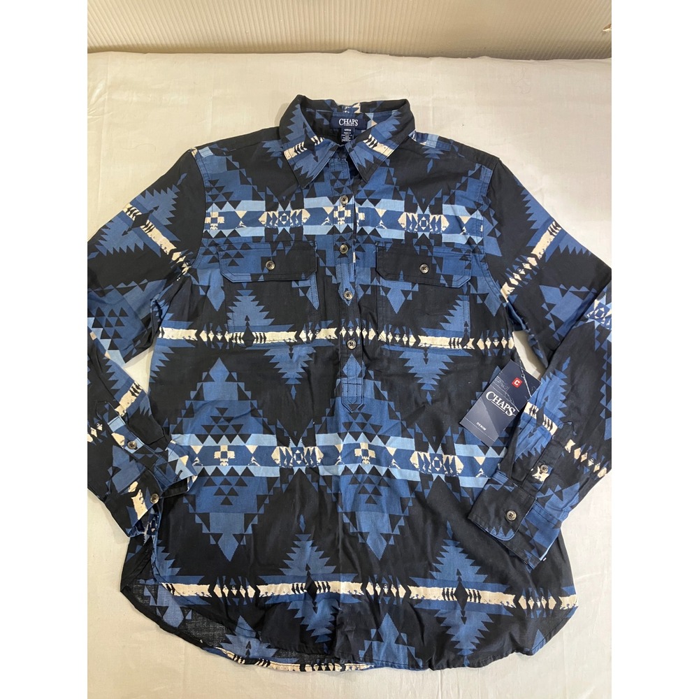 Chaps Denim Womens Small Blue Aztec Southwestern Button Down Shirt NWT Cotton
